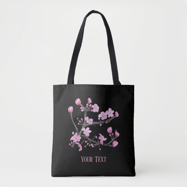 Tote Bag Fleurs de cerisier rose Personnalisé Noir (Devant)