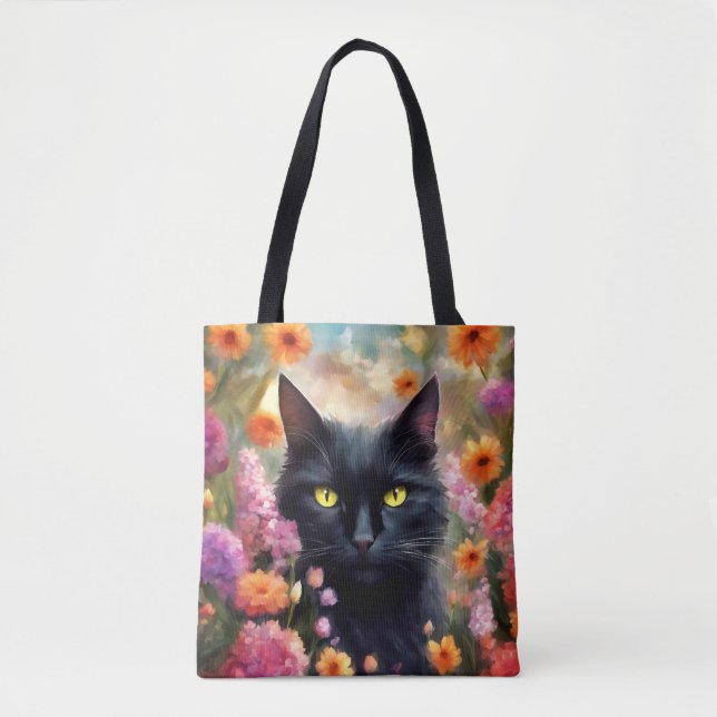 Tote Bag Fleurs de chats noirs Jardin Chat 736 (Devant)