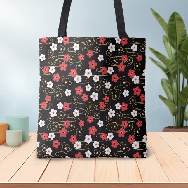 Tote Bag Fleurs de fleurs de cerisier de Sakura noir japona (Créateur téléchargé)