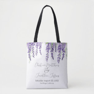 Tote Bag Fleurs de glycine violette sur blanc élégant