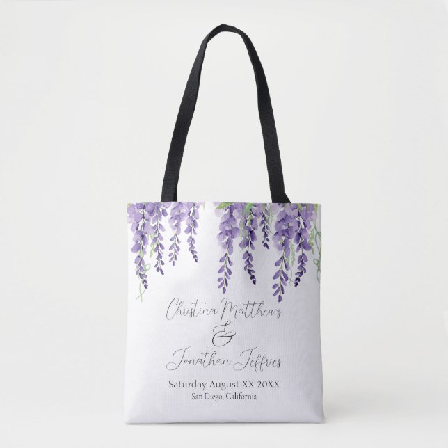Tote Bag Fleurs de glycine violette sur blanc élégant (Devant)