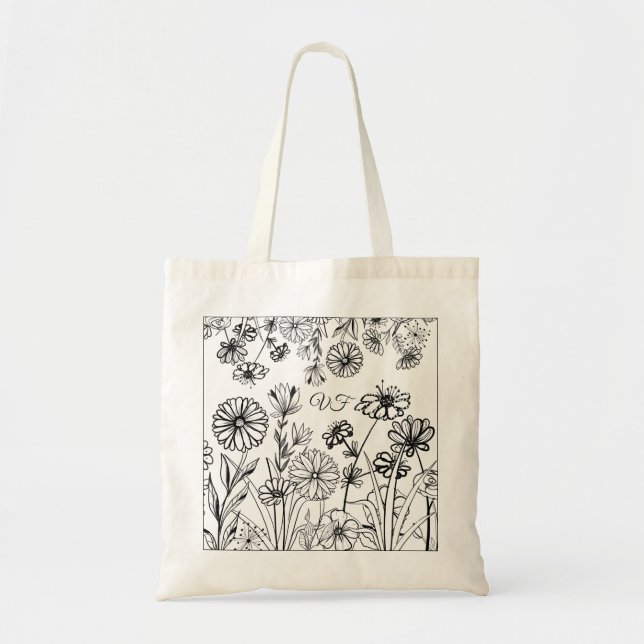 Tote Bag Fleurs de jardin marguerites, Boho rose (Devant)