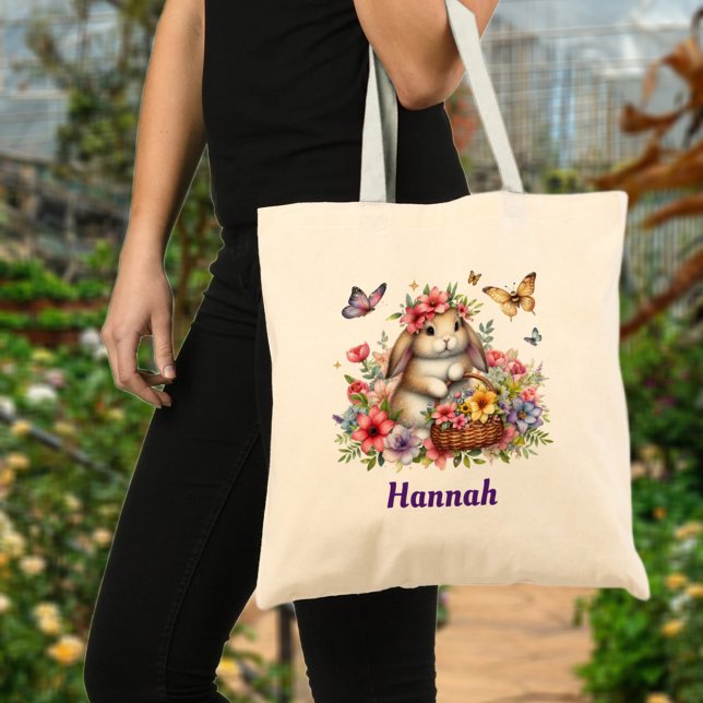 Tote Bag Fleurs de lapin de Pâques mignonnes Nom personnali (Créateur téléchargé)