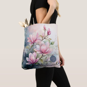 Tote Bag Fleurs de magnolia rose botanique monogrammées