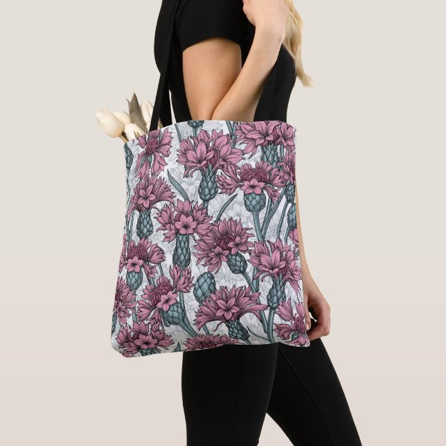 Tote Bag Fleurs de maïs roses, fleurs sauvages sur blanc (De près)