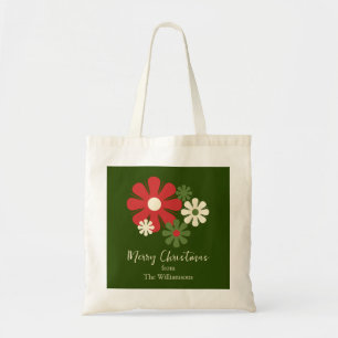 Tote Bag Fleurs de Noël florales rétro Rouge Vert Nom