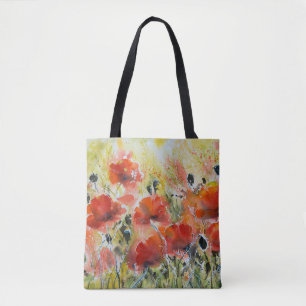 Tote Bag Fleurs de pavot rouge, aquarelle douce.