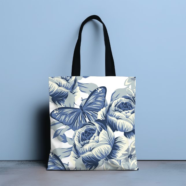 Tote Bag Fleurs de pivoines bleues Vintages de style botani (Créateur téléchargé)