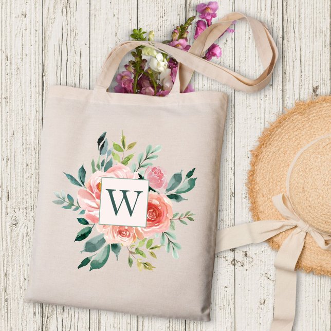 Tote Bag Fleurs de rose et pivoine aquarelles personnalisée (In situ)