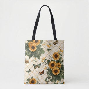 Tote Bag Fleurs de soleil et papillons sur Jaune clair