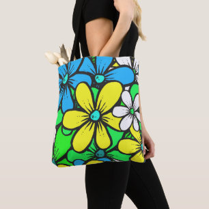Tote Bag Fleurs d'été assez brillantes Bleu Jaune et Vert