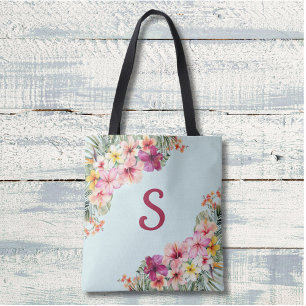Tote Bag Fleurs d'Hibiscus Rose Monogrammées Floral Tropica