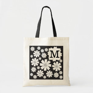 Tote Bag Fleurs écervelées noires et blanches décorées