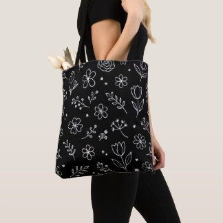 Tote Bag Fleurs en noir et blanc en gribouillis