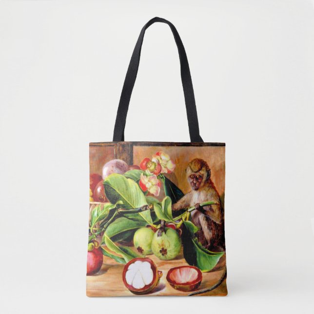 Tote Bag Fleurs et fruits du mangoustan; singe de Singapour (Devant)