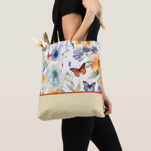 Tote Bag Fleurs et papillons aquarelles, Bloc de couleur