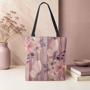 Tote Bag Fleurs et papillons en bois rustique