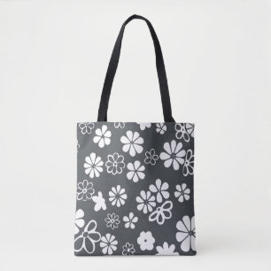 Tote Bag Fleurs et papillons Gris et blanc