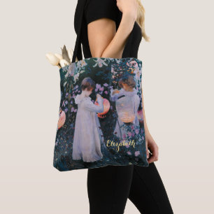 Tote Bag Fleurs Filles Lanterne Art Vintage Or Monogramme