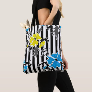 Tote Bag Fleurs florales bleues jaunes gris feuille st
