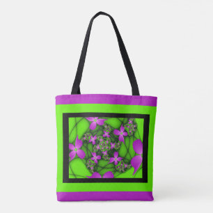 Tote Bag Fleurs fractales Abstraites de néon rose vert