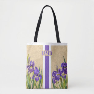 Tote Bag Fleurs Iris Violet Monogramme Faux Burlap Jute
