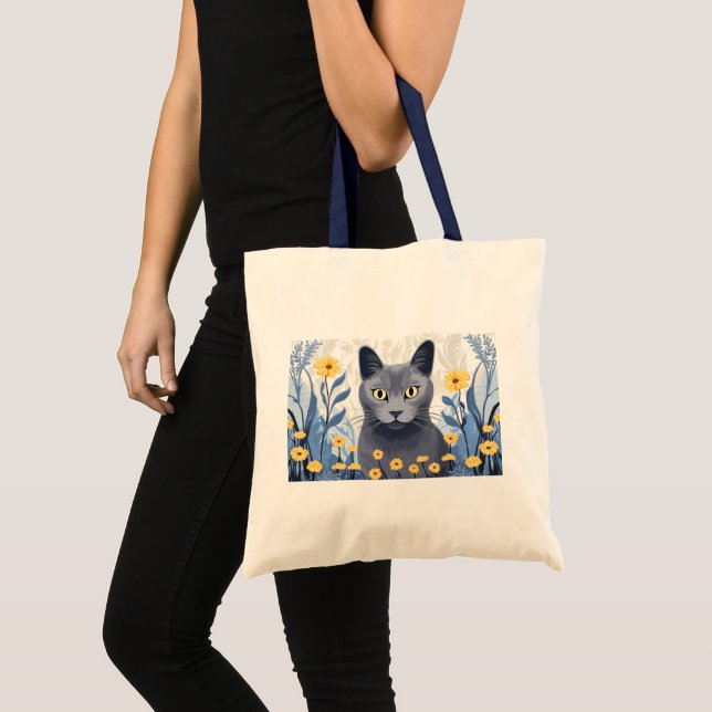 Tote Bag Fleurs Jaunes Chat Bleu Russe (Devant (produit))