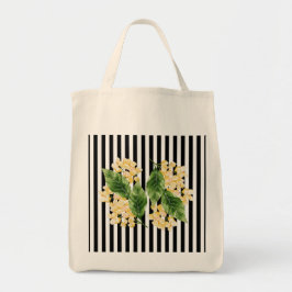 Tote Bag Fleurs jaunes sur rayures noir et blanc