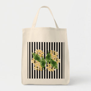 Tote Bag Fleurs jaunes sur rayures noir et blanc
