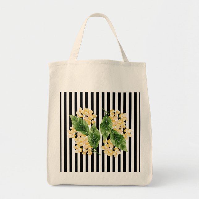 Tote Bag Fleurs jaunes sur rayures noir et blanc (Devant)