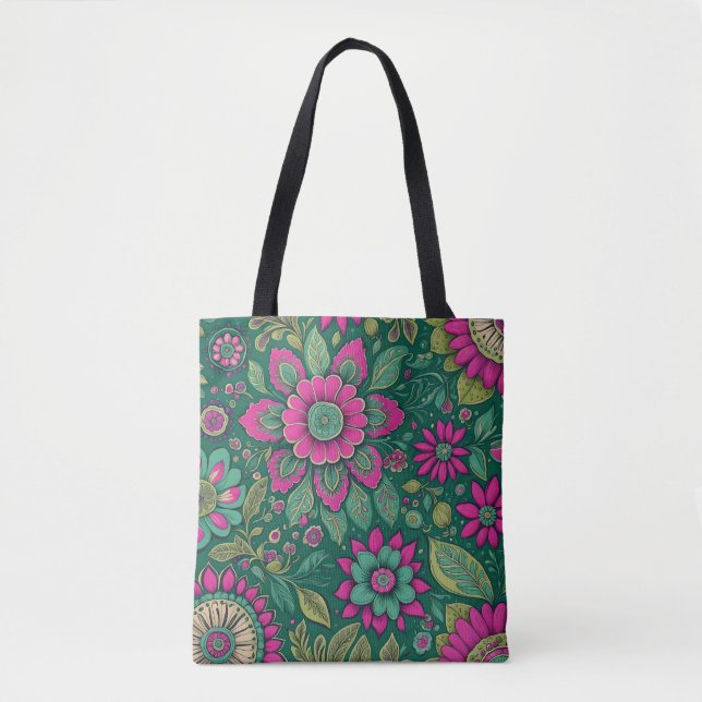 Tote Bag Fleurs Mandala Fleurs vert rose (Devant)