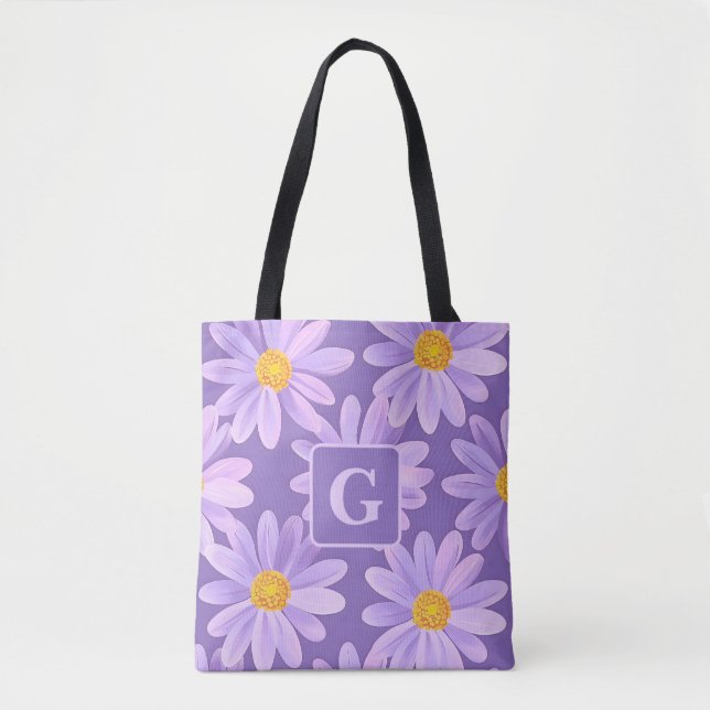 Tote Bag fleurs marguerites violettes monogramme personnali (Devant)