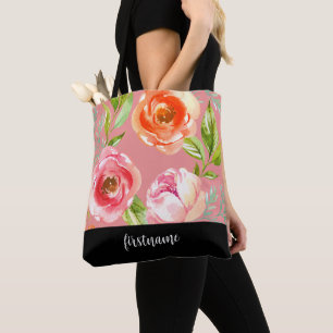 Tote Bag Fleurs modernes avec Monogramme Feminine Script