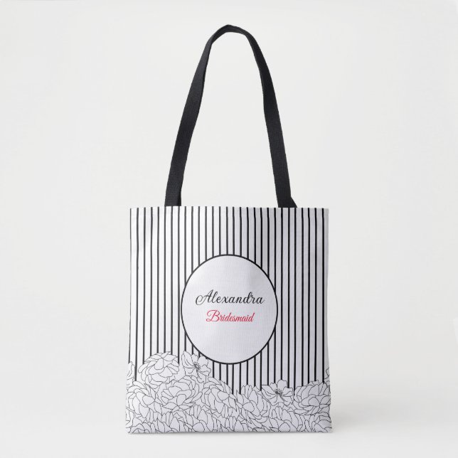 Tote Bag Fleurs noires et blanches avec stries Bridesmaid (Devant)