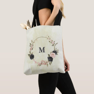 Tote Bag fleurs noires rose