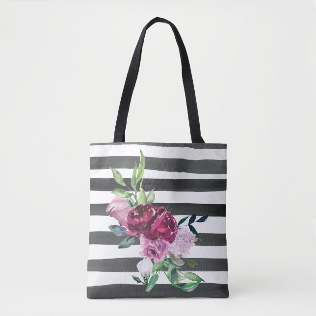 Tote Bag Fleurs rayées noir et blanc (Devant)