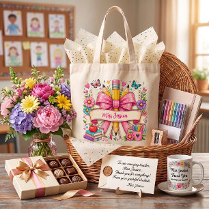 Tote Bag Fleurs Rétro Mignonnes Rose Cartoon Crayon Enseign