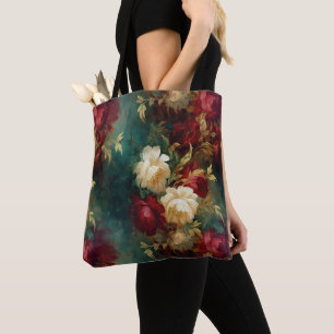 Tote Bag Fleurs romantiques rouges blanches vertes