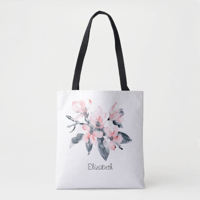 Tote Bag Fleurs rose et gris Aquarelle classique (Devant)