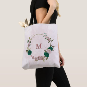 Tote Bag fleurs rose vert émeraude