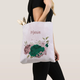 Tote Bag fleurs rose vert émeraude