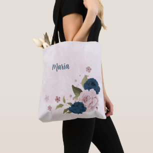 Tote Bag fleurs roses bleu marine
