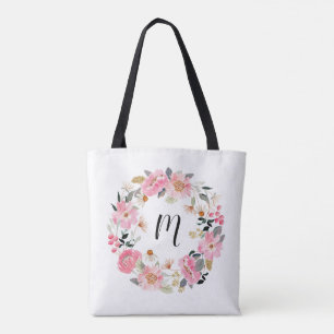 Tote Bag Fleurs roses du jardin Wreath Monogramme