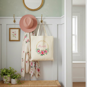 Tote Bag Fleurs roses et or personnalisées