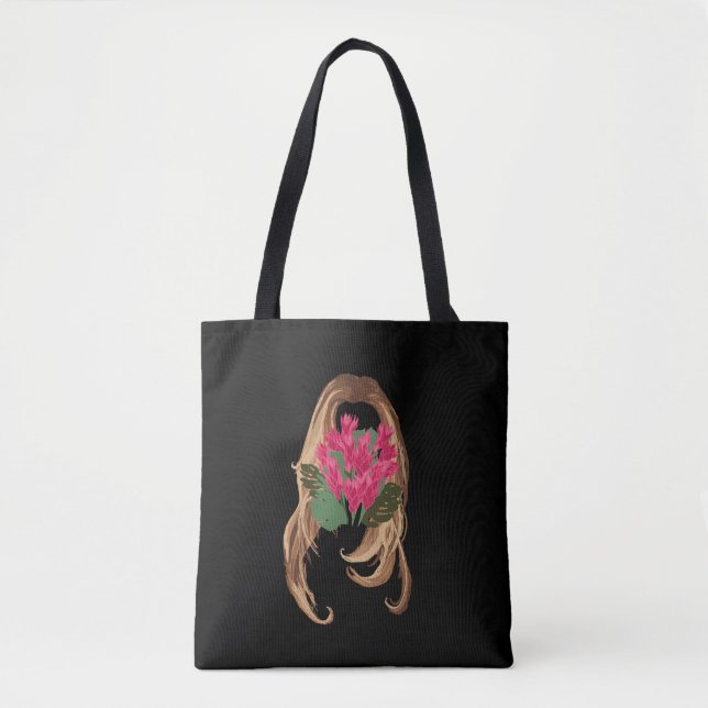 Tote Bag Fleurs roses et visage de femme (Devant)
