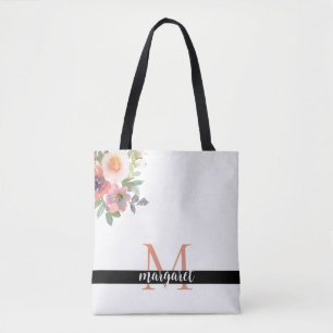 Tote Bag Fleurs roses Personnalisé Monogramme Moderne Éléga