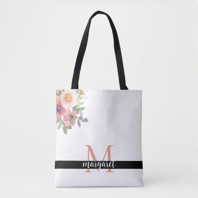 Tote Bag Fleurs roses Personnalisé Monogramme Moderne Éléga (Devant)