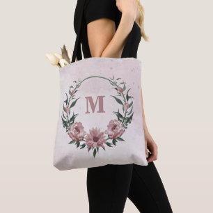Tote Bag Fleurs roses romantiques & feuilles verts