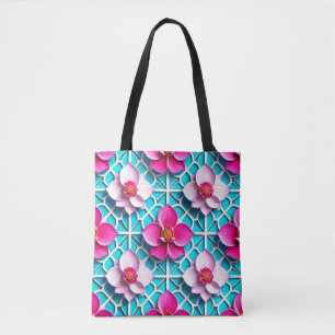 Tote Bag Fleurs roses sur fond bleu géométrique