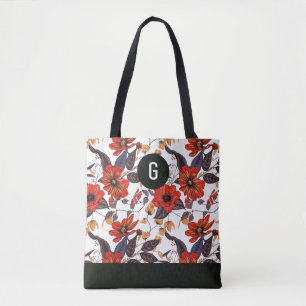 Tote Bag Fleurs rouge orange vert feuille personnalisé mono